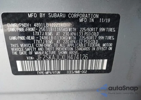 2020 Subaru Forester Premium z USA, uszkodzony, nr VIN JF2SKAJCXLH474126